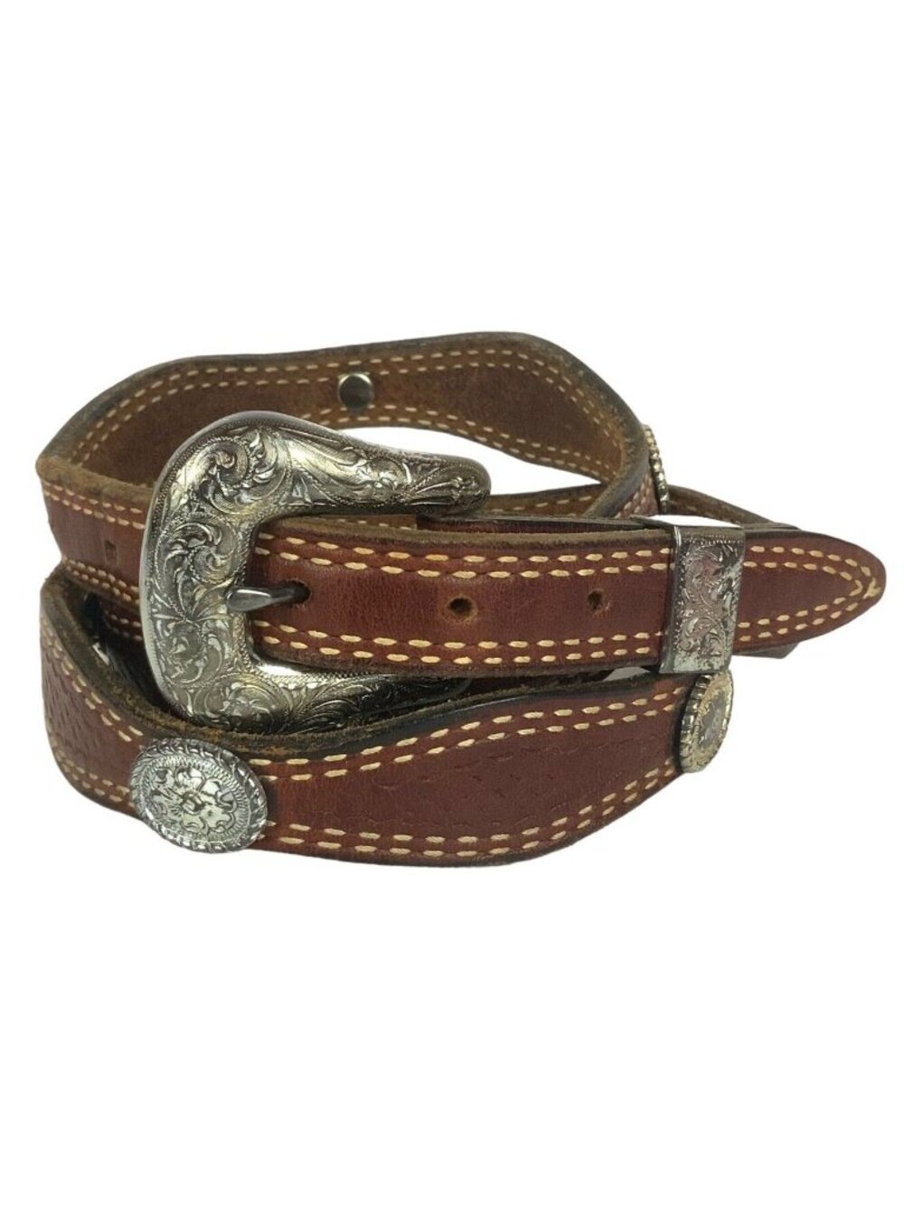 Nocona Mens Western Belt Size 40 Brown Leather Silvertone Conchos - FLAWED